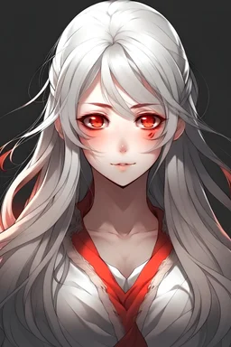 Feminine anime character with long white hair and red sharp eyes and fierce look