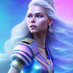 A portrait of a full body crystalised blue pink queen,smiling face, blue eyes, long blond hair, atmospheric, realistic, unreal engine, lighting