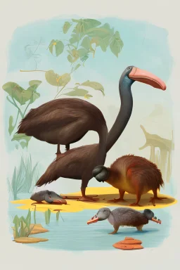 John James Audubon-like illustration of a fully uncropped Dodo bird and a Platypus in a landscape of warm yellows, warm reds, and warm blues