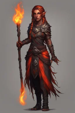 Paladin druid female made from fire . Hair is long and black . It has some braids and it is on fire. Eyes are noticeably red color, fire reflects. Make fire with hands . Has a big scar over whole face. Skin color is dark