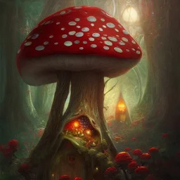 Patchwork,the large Amanita muscaria mushroom is a fairy home.dark masterpiece by savvas apterus.fantasy art by anna dittman.