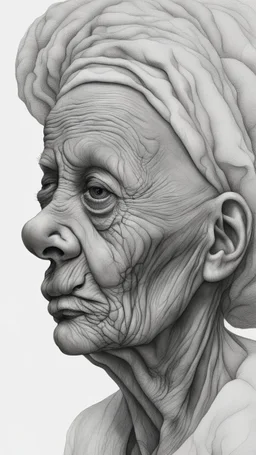 𝙋𝙧𝙤𝙢𝙥𝙩 highly detailed graphite illustration, A surreal old woman figure with exaggerated anatomical features, heavily wrinkled skin, and an intense, contemplative expression. bald head, thick eyebrows, long beard merge into swirling abstract shapes. Large, expressive hands, one covering the mouth and the other gripping the forehead tensely. Mysterious, introspective, dreamlike, somewhat dark fantasy. #𝙙𝙧𝙚art #prompt