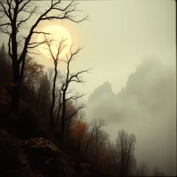 Close-up Ilford photograph of a creepy surreal landscape, eerie, no style, autumn vegetation, very surreal, trees, spooky, metaphysical objects, giant sun, intricate, thoughtful, appalling, mountain rocks, deep 3d field, 8k, hypermaximalist, lot of fog