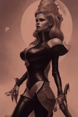 Brigitte Bardot as evil queen in black leather, leather, busty, cleavage, angry, stern look. character design by cory loftis, fenghua zhong, ryohei hase, ismail inceoglu and ruan jia. unreal engine 5, artistic lighting, highly detailed, photorealistic, fantasy.