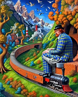 Created with Bing / Dall-E 3 option, using variations of the prompt below. ♨️ Prompt: (((Magritte, Klimt, Miró effect))). Monolithic man, Blue/yellow checkered suit, black hat, red hair, sitting on a grassy mound. Steam locomotive approaching a red brick tunnel under the mound. Surreal helix trees with green/orange foliage. Metallic blue crooked dwellings with cracked glaze and smoking stacks. A dark blue sky with flying birds and snow-capped mountains. Ultra Detailed, 3D, 16K. Modern Surrealism