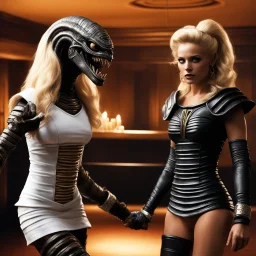 As the hot blonde cheerleader and the xenomorph mummy faced each other in the eerie hotel room, a palpable tension filled the air. The cheerleader, her youthful exuberance contrasting with the mummy's ancient horror, stood poised for a confrontation unlike any other. The xenomorph mummy, a fusion of unearthly terror and decaying majesty, regarded the cheerleader with eyes that held centuries of darkness.
