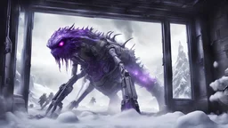 TALL NASTY ALIEN CREATURE HALF machine WITH AN ELECTRONIC PURPLE EYE, smashing through a window, british soldiers inside fire gatling guns at the creature , snow outside , PHOTO REALISTIC, EPIC, CINEMATIC