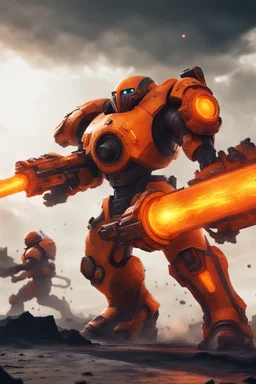 orange futuristic juggernaut with dual plasma battle axe and 4 plasma canon in the back, fighting in brutal battlefield