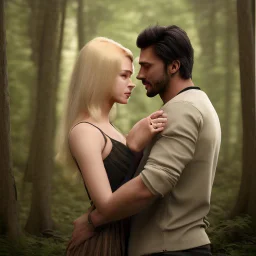 A photo realistic portrait of a stunning blonde girl and a handsome muscular dark haired man in a lovers embrace standing in a forrest