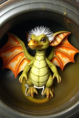 The image depicts a fantastical gremlin duck nudle soup, specifically a dragon, with a unique and whimsical appearance. The dragon is positioned in a circular frame, which suggests it might be inside a container or a vessel. The dragon's body is elongated and has a segmented appearance, with a detailed texture that gives it a realistic look. Its head is covered with white, spiky hair, adding to its fantastical charm. The dragon's wings are large and spread out, with orange and white hues.