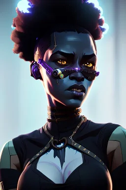 portrait,beautiful black woman, large afro hair style, post-apocalyptic in a cyberpunk city, realistic, intriacte detail, sci-fi fantasy style, volumetric lighting, particales,highly detailed,cinamatic, deep colours,8k