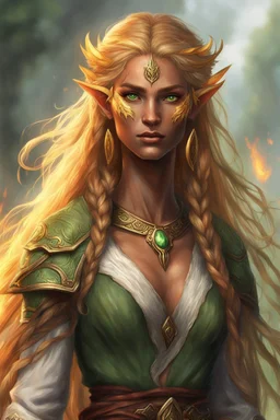 Female eladrin druid. Fire textured long golden hair. Tanned skin. Light green eyes. Has one big scar on the face and over the chest.