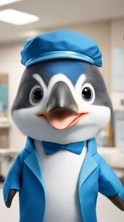 Un pingouin bleu portant l'uniforme d'un dentiste à l'intérieur de la clinique