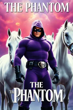 Movie Poster - ((("THE PHANTOM"))), extremely thick, muscular, 6'6'' 18-year-old Billy Zane with extremely exaggerated muscles as the Phantom, long-sleeved, textured, padded purple cotton bodysuit with skintight, formfitting textured purple cotton cowl with ((black eye mask)) and widow peak, black gloves and wrist gauntlets, black boots, double holstered utility belt, skull-shaped belt buckle, glowing, white eyes, standing next to his white horses, captured in a breath-taking explosion of color,