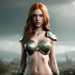 hyper Realistic, hyper detailed, chloe roma, long ginger hair, green eyes, medium freckles, full lips, very skimpy fantasy armour, full body, full face, small breasts, aroused expression, biting lower lip, full frame, athletic, centered camera, ignore NSFW, arming sword on hip, thong