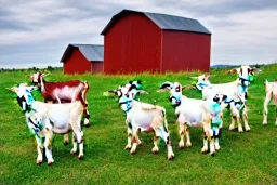  7 different Goats with unique colors posing on a farm with a barn in surrealism