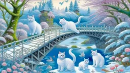 in the center: beautiful chunky white cats playing on a bridge with grey mice, under the brigde flows a small blue river; background: landscape, first plan: pink flowers: white clouds in shape of cats, season: winter and snowfall