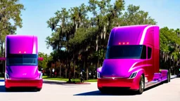 A Tesla semi-truck is racing at top speed, across the 'Islands of Adventure, Universal', in Orlando, Florida. CINEMATIC. WIDE ANGLE LENS.