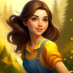 make an illustration of a girl named Azzurra, brunette, medium hair, tall, beautiful body, elegant, country style, in an adventure about the perception of time, curious, lovely, running, smiling, happy, make realistic hands