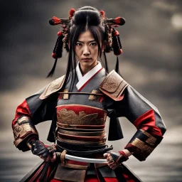 Behold the powerful alluring and pretty Japanese samurai woman, her body adorned with the traditional samurai costume, HDR, beautifully shot, hyperrealistic, sharp focus, 64 megapixels, perfect composition, high contrast, cinematic, atmospheric, moody