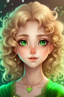 a girl with blond curly hair, green sparkly eyes, button nose, heart shaped face, princess aura, soft makeup