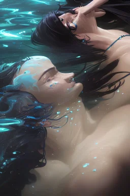 a beautiful woman, long curly black hair,closed eyes,coming from beneath the water,braking the surface with her face just coming out the water,looking up symbolism for breaking free. realistic,8k quality, action close shot from areal view,highly detailed , chaos 80