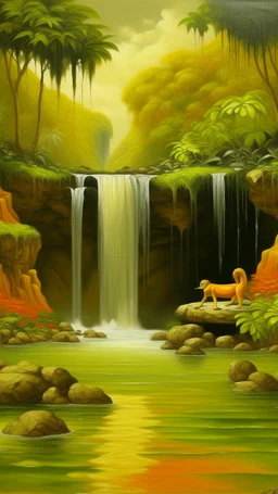 Yellowish orange colored mangroves with a waterfall designed in ancient Egyptian architectures and sculptures painted by Gustave Courbet