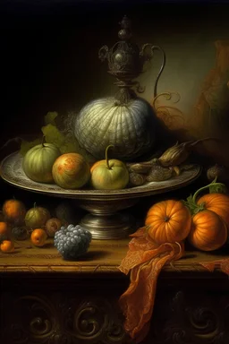 dutch still life in Zdzisław Beksiński style hyper detail Greg Rutkowski Hyperrealism Johan Grenier Rococo