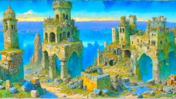 Destroyed City, medieval ruins, debris, stone, breched, brocken, Perspektiv from the sky, by Jean-Baptiste Monge, Ivan Bilibin, Albert Bierstadt, Reza Badrossama, watercolor, intricate details, fantasy, beautiful, oil on canvas, award winning, imperial colours, fantastic view, radient colours, very attractive, crisp quality