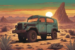 A retro Horror Comic style poster, of a post apocalyptic universe, in a prehistoric theme setting, in a past parallel universe, of a Russian GAZ-69 type car, extreme color scheme, driving speeding down a desert wasteland, driving into the sunset, highly detailed digital art, highly detailed