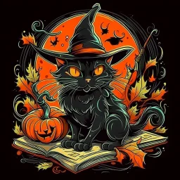 A detailed illustration of a print of a colorful cute black cat rides a broom has orange eyes and it wear witch hat and hold a book and peen next to a cute Halloween Pumpkin, hyper realistic high quality, t-shit desing graphic, vector, carton, contour, fantasy swirls splash, modern t-shirt design, in the style of Studio Ghibli, light white red and green pastel tetradic colors, 3D vector art, cute and quirky, fantasy art, watercolor effect, bokeh, Adobe Illustrator, hand-drawn, digital painting,