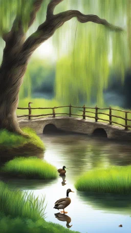 old willow tree by the river , a lovely ducks is swimming in the river