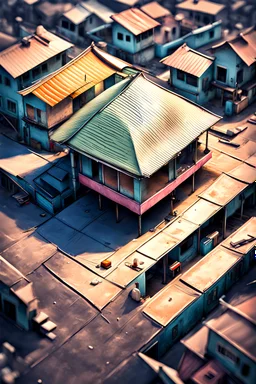 a digital art work, an Indian metro city street, single house, tin roof closeup top view