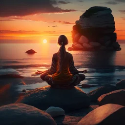 A girl is sitting on the edge of the rocks by the seashore and is meditating. The sun is setting