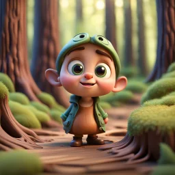 a little Cute Figure lives in the Wood, with cute face, pixar, disney style