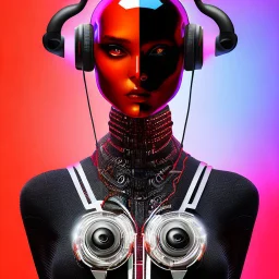 avatar portrait cute cyber alien Figure in a provocative pose,wearing headphones, Raw, gritty, Gothic, t-shirt design, Dark reds and blacks, bright, bloody red , background Distorted or blurred splash, imagery that suggests violence and chaos, t-shirt design, 3D vector art, Defiant, rebellious, aggressive, fantasy art, watercolor effect, bokeh, Adobe Illustrator, hand-drawn, digital painting, low-poly, soft lighting, bird's-eye view, retro aesthetic, focused on the character