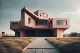 photo from high realistic strange giant asymmetrical weird big house with wide and asymmetrical unique rooftop, muted color, minimalism, random utopistic background, landscape, detailed, sharp focus, cinematic