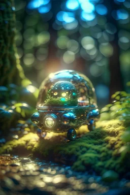 picture of a magical forest sparkling with light,cute chat robot inside transparent egg that is driving a car,shot on Hasselblad h6d-400c, zeiss prime lens, bokeh like f/0.8, tilt-shift lens 8k, high detail, smooth render, down-light, unreal engine, prize winning