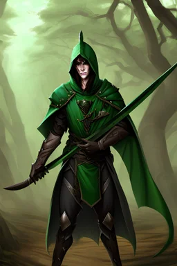 A dungens and dragon character human arcane archer, he is tall has dark long hair green eyes and he wears a green hood on his head.He has a longbow in his hand and is in a sneaky pose. made it full frame whith forest in background.