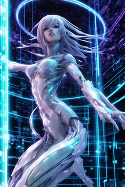 (masterpiece, best quality, highres:1.2), (intricate and beautiful:1.2), (detailed light:1.2), (colorful, front angle), up close futuristic matrix hologram , it's in the form of a 3D statue, emerged in the air, part of the hologram is a stunning anime female, dynamic action pose, emo, goth and dark theme, tight red dress(abstract art gallery background:1.3), (cinematic), ultra realistic kawai, mysterious look