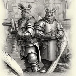 Two scheming orcs in the employ of a mercenary captain, whispering together as they plot to find a way to turn the tables and steal the loot for themselves