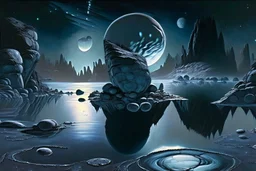 Grey Exoplanet in the hotizon, rocks, Night, lagoon reflection, sci-fi, epic, otto pippel painting