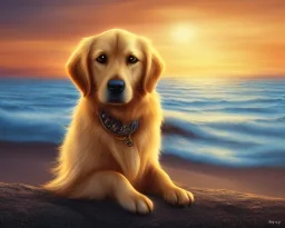 a golden retriver sitting on a beach and watching sunset with facing towards the sun