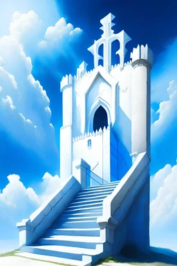 white wall, medieval, blue sky, white cross, white stairs, entrance of medieval castle, large view field, tremendous large wall, league of legend