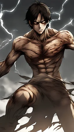 In the heart of the battlefield, Eren Yeager undergoes a profound transformation into his Titan form. The scene is bathed in an otherworldly, powerful light that highlights every intricate detail of his changing anatomy. The transformation is not only physical but also emotional, as Eren grapples with the brutal power surging through him. Describe this awe-inspiring moment with vivid detail, capturing the intensity of the metamorphosis, the emotional turmoil within Eren, and the sheer raw power