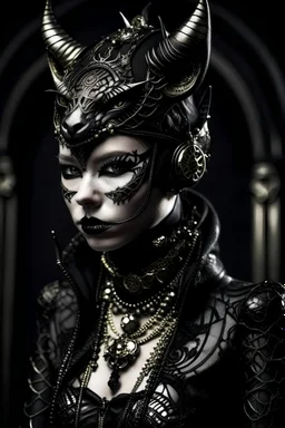 beautiful faced young black catwoman gothic punk decadent adorned with filigree silver patinated dust textured catwoman vantablack leather filigree hat headdress wearing goth punk art deco silver and yellow copper colour gradient goth black white pearl chain lace ribbed leather jacket embossed art deco florals, white opal black onix stone pearls ornated jacket dress organic bio spinal ribbed detail of goth punk style art deco background extremely detailed hyperrealistic gothica filigree portrait