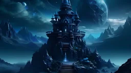 subconscious deep and relax fortress on magic tower and meditation round podium , realty mountains, only sky, color is dark black , where you can see , panorama. Background: An otherworldly bathed in the cold glow of distant stars. gloomy landscape with dramatic HD highlights detailled.