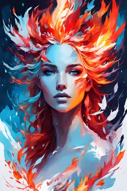 Rossdraws, Atey Ghailan, Benedick Bana, carne griffiths, motif perfect half ice king and fire queen, half blueish ice king ice background, and half redish fire queen fire background, motif emotion, motif face divided in two, motif split scene, motif opposite scene, carne griffiths, rossdraws, guweiz, wlop, ryohei hase, motif dynamic movement, motif perfect prety half ice and half fire, motif shine lights magical flowers background, motif perfect pretty, magical flying orbes golden flowers iridis