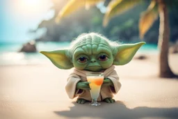 cute chibi yoda fairy in a tropical beach with cocktail in sunshine, ethereal, cinematic postprocessing, dof, bokeh