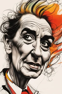 create a stuck up famous female singer with highly detailed and refined facial features, raggedly clothed in the caricature cartoon style of Gerald Scarfe and Ralph Steadman, precisely drawn, boldly inked, vividly colored, 4k